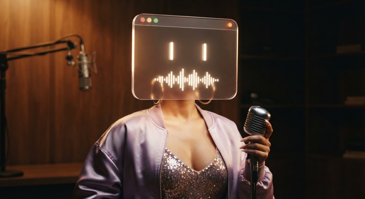 SoftBlair in a recording studio: a singer in a lilac satin bomber and sequinned top holding a vintage microphone, whose head is a frosted-glass browser window with glowing bar eyes and a waveform mouth