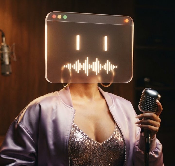 SoftBlair: a singer in a lilac satin bomber and sequinned top, holding a vintage microphone, whose head is a frosted-glass browser window with glowing bar eyes and a waveform mouth